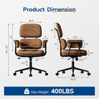 Fabric Office Chair with Granular Linen, Mid Back Vintage Desk Chair with Wheels and Wide Arms, Mid Century Modern Home Office Desk Chairs with Molded Cotton Seat Cushion, Adjustable Height, Brown