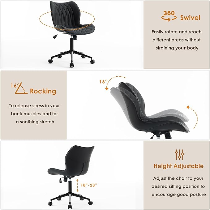 YOUNUOKE Armless Desk Chair Comfy Office Chair with Wheels Home Ergonomic Task Chair Adjustable Computer Chairs Modern Faux Leather Swivel Chair Upholstered Makeup Vanity Chair with Back(Black)