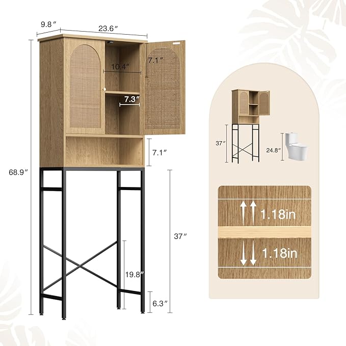 Rattan Toilet Storage Cabinet, Over the Rack Wood Cabinet with Metal Stand, Bathroom Organizer with Adjustable Shelf, Tall Freestanding Washer Shelf, Small Cupboard, Space Saver, Natural style