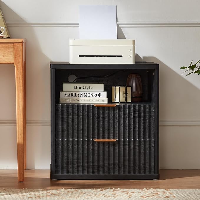 LEYAOYAO Fluted Nightstand with Charging Station, 23" Wide 2 Drawers End Table,Black Night Stand with Open Storage Cabinet, Farmhouse Bed Side Tables, Wood Dresser for Bedroom, Living Room, Closet