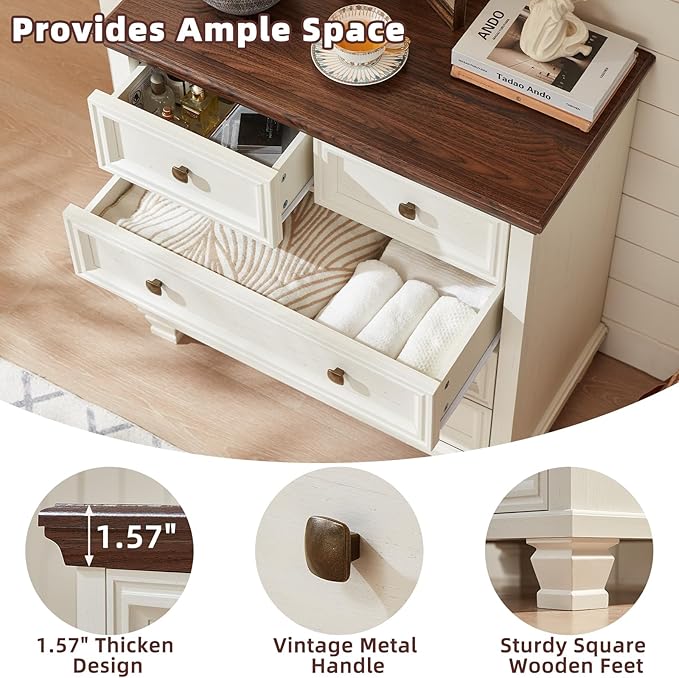 Farmhouse Bedroom Dresser and Nightstand Set of 4, 6 Drawer Low & 5 Drawers Dresser & 2 Drawer Nightstand Set, Rustic Wood Bedroom Furniture Set for Livingroom, Hallway, White