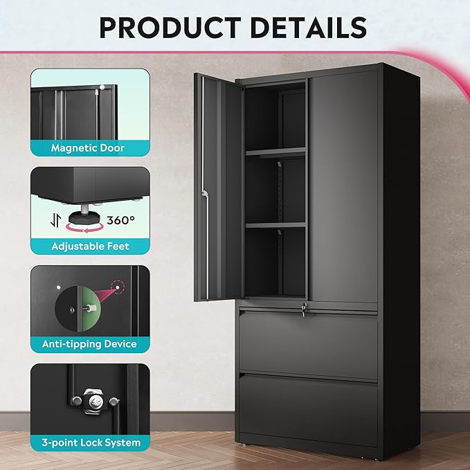DEVAISE File Cabinet with 2 Drawers and Doors, Black Locking Metal Storage Cabinet with Adjustable Shelves for Home Office, Warehouse, Garage, School