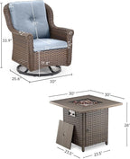 Outdoor Patio Swivel Gliders with Fire Pit Table 5 Piece Set - High Back Brown Wicker Rattan Rocking Chair with Thick Cushion for Porch Apartment Deck Yard Poolside Garden - Baby Blue