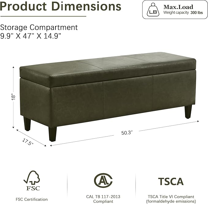 HUIMO Faux Leather Storage Ottoman Bench 50.3 Inch Extra Long PU Upholstered Bedroom Bench with Large Storage Space for The Living Room, Entryway, Bedroom Hold Up to 300lbs (Green)