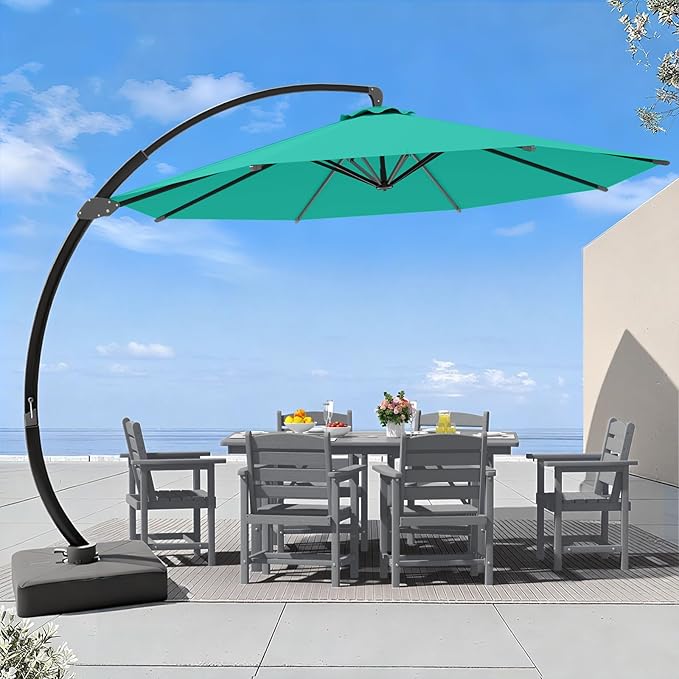 7 Piece Patio Dining Set with 11ft Patio Umbrella (Teal), 7 Gray Outdoor HDPE Dining Set with 6 Chairs + 1 Large Table, for Market, Pool, Garden, Backyard, Deck