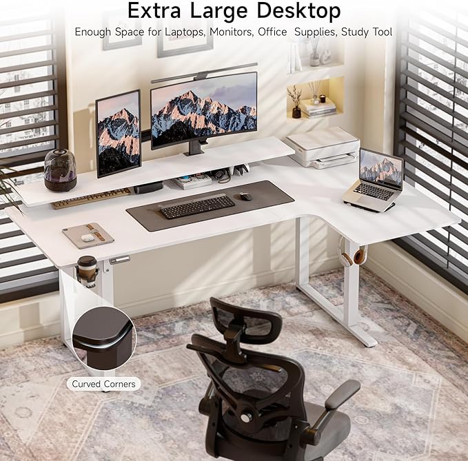 L Shaped Standing Desk, 71x43'' Electric L Stand Up Desk with 2 Adjustable Monitor Shelves, Dual Motor and Memory Controller, Adjustable Height from 28-46'' for Home and Computer Workstation, White