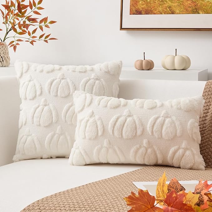 Kevin Textile Fall Pillow Covers 20x20 Inch Set of 2 Soft Pumpkins Decorative Square Pillowcases Plush Autumn Faux Fur Cushions Harvest Gift for Couch Sofa Chair Bedroom Home Decor, Cream White