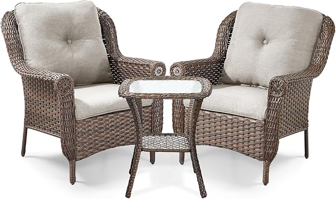 3 Piece Patio Brown Wicker Chairs with Side Table - Outdoor High Back Heavy Duty All-Weather Lawn Dining Rattan Chair Conversation Bistro Set for Deck Porch Balcony Backyard Garden - Beige
