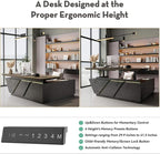 86.6" Adjustable Height L-Shaped Executive Desk with LED Light Strip - Black Inverted Trapezoid Design, Includes Storage Cabinet with Drawers & Doors, Ergonomic Standing Office Desk for Home & Office