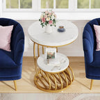 Tribesigns Gold Round End Table: 2 Tiers Side Table Set of 2 with Storage Shelf, Modern White Gold Bedside Nightstand, Metal Faux Marble Accent Table for Living Room