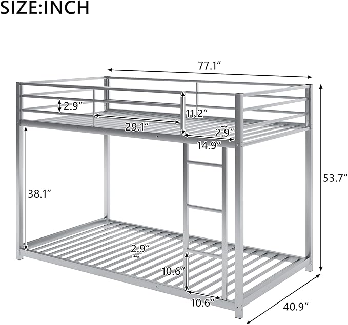 Twin Over Twin Metal Bunk Bed with Full-Length Guardrail,Low Bed Frame W/Ladder, Steel,No Noise,Bedroom Furniture for Adult Kid Boy Girl Teen,Silver