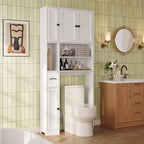 Ahomly Over The Toilet Storage Cabinet with Adjustable Shelves and Five Doors, Over Toilet Bathroom Organizer, Above Toilet Storage Cabinet with Open Shelves for Bathroom, Restroom, Laundry, White