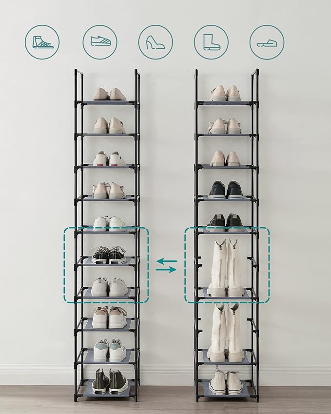 SONGMICS Shoe Rack, 10-Tier Shoe Shelf, Shoe Storage Organizer, 13 x 13 x 68 Inches, Metal Frame, Non-Woven Fabric Shelves, for Entryway, Bedroom, Gray ULSR110G01