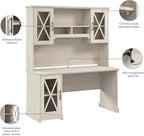 Bush Furniture Lennox 60W Farmhouse Desk with Hutch and Storage Cabinet in Linen White Oak | Computer Table for Home Office