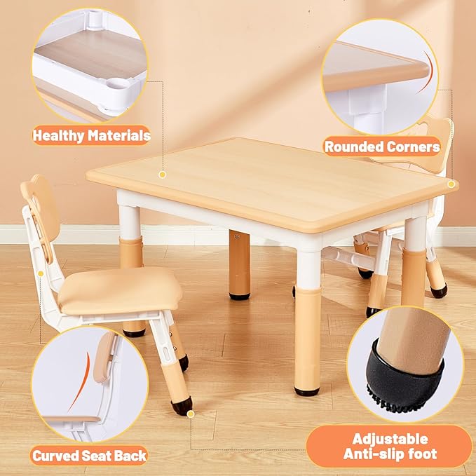 FUNLIO Kids Table and 2 Chairs Set for Ages 3-8, Height Adjustable Toddler Table and Chair Set, Easy to Wipe Arts & Crafts Table, for Classrooms/Daycares/Homes, CPC & CE Approved (3pcs Set) - Natural