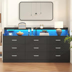 Bigbiglife 9 Drawer Dresser with Built in Power Outlet and LED Light, Modern Chest of Drawers for Bedroom, Triple Wide Drawer Organizer Cabinet for Living Room, Entryway, Hallway, Black