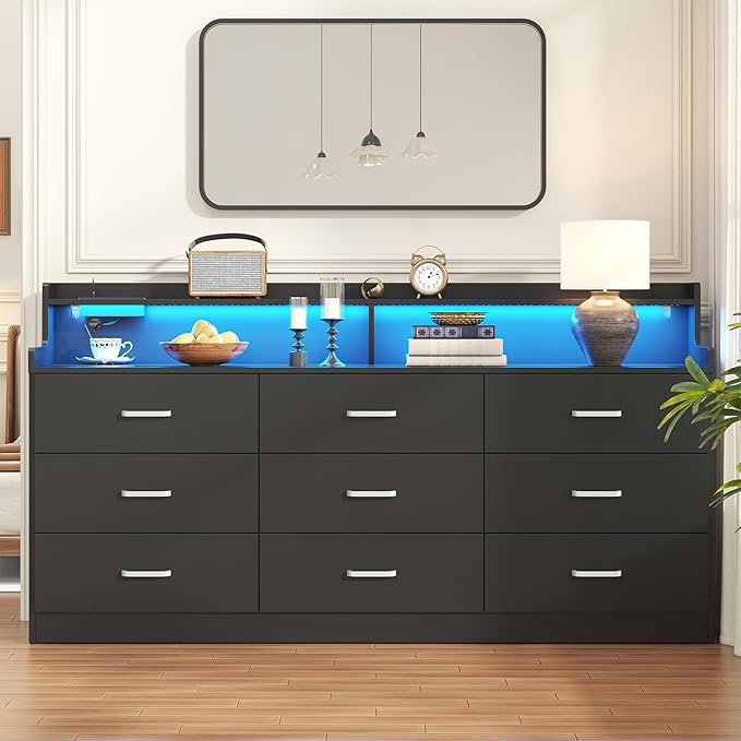 Bigbiglife 9 Drawer Dresser with Built in Power Outlet and LED Light, Modern Chest of Drawers for Bedroom, Triple Wide Drawer Organizer Cabinet for Living Room, Entryway, Hallway, Black