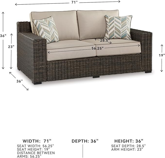 Signature Design by Ashley Coastline Bay Casual Weather Resistant Outdoor Loveseat with Cushion and 2 Throw Pillows, Nuvella Weather Resistant Fabric, Beige & Dark Brown