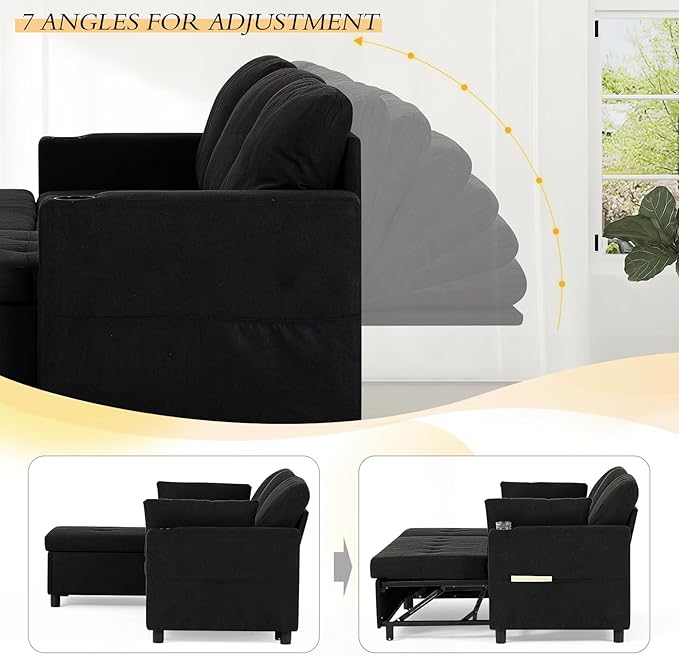 84" Sectional Pull Out Sofa Bed with Adjustable Backrests, L-Shaped Sleeper Sofa with USB Ports, Upholstered Reversible Couch with Cup Holder & Storage Space for Living Room, House, Black