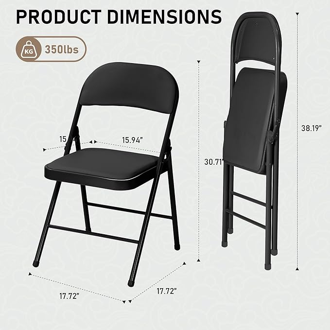 SEALAMB 6 Pack Black Folding Chairs with Padded Seats & Cushion, Durable Metal Foldable Chairs for Wedding Party, Commercial Chairs for Office School Church Events, 330lb Capacity (Black-PU, 6 Pack)