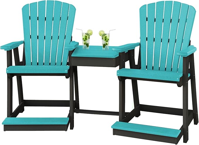 DutchCrafters Plastic Poly Outdoor Bistro Set with 2 Chairs and Attached Center Table, 3 Piece Patio Furniture Set - Amish Made in USA (Black & Aruba Blue)