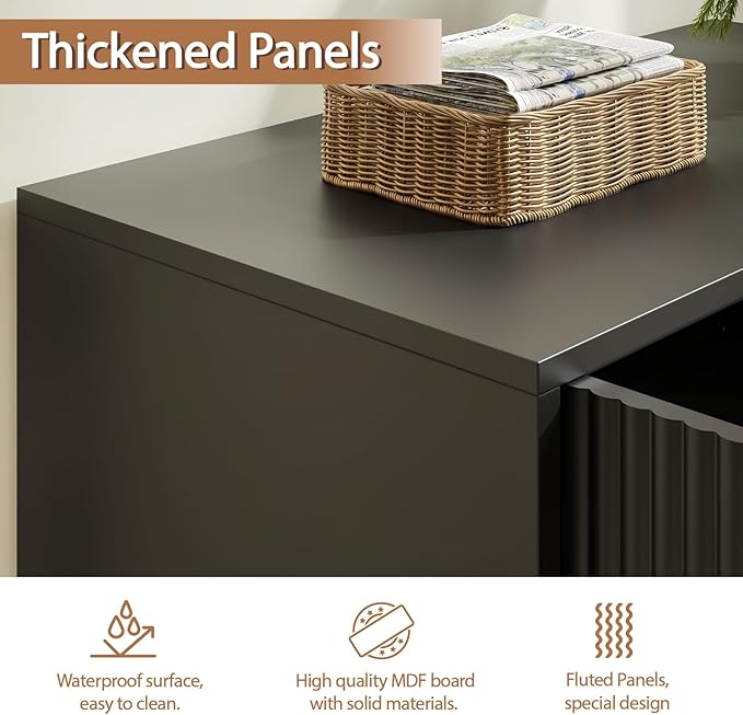 Fluted Storage Cabinet, Set of 3, Sideboard Buffet Cabinet, Modern Wood Accent Cabinet with Adjustable Shelves, Console Table for Living Room, Hallway, Entryway, Black