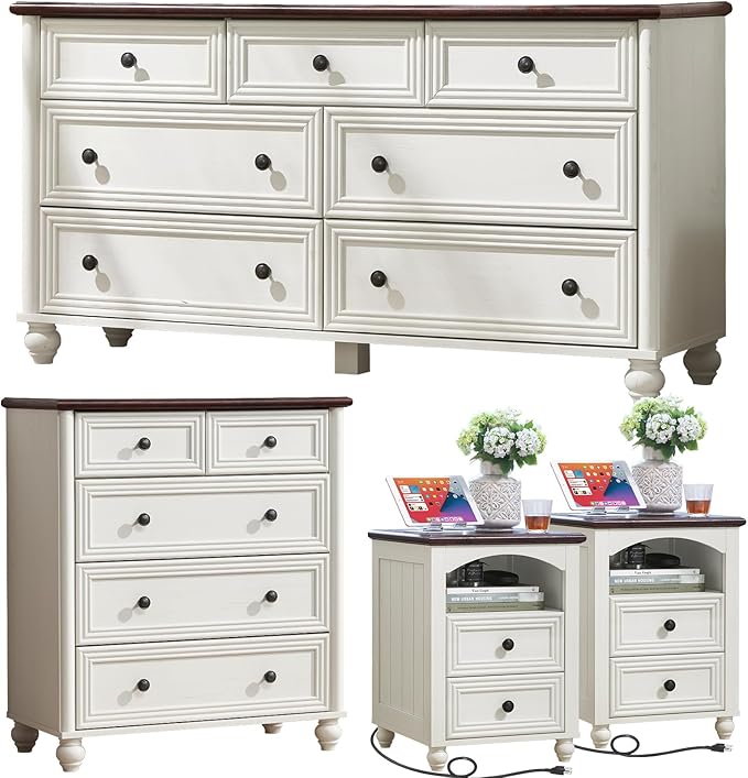 Farmhouse Dressers & Night Stand Set of 4, Wood 54" Wide Dresser & 35" Tall Chest of Drawers, 18" with Charging Station Nightstand Set of 2, Bedroom Furniture Dresser Set for Home Living Room Hallway