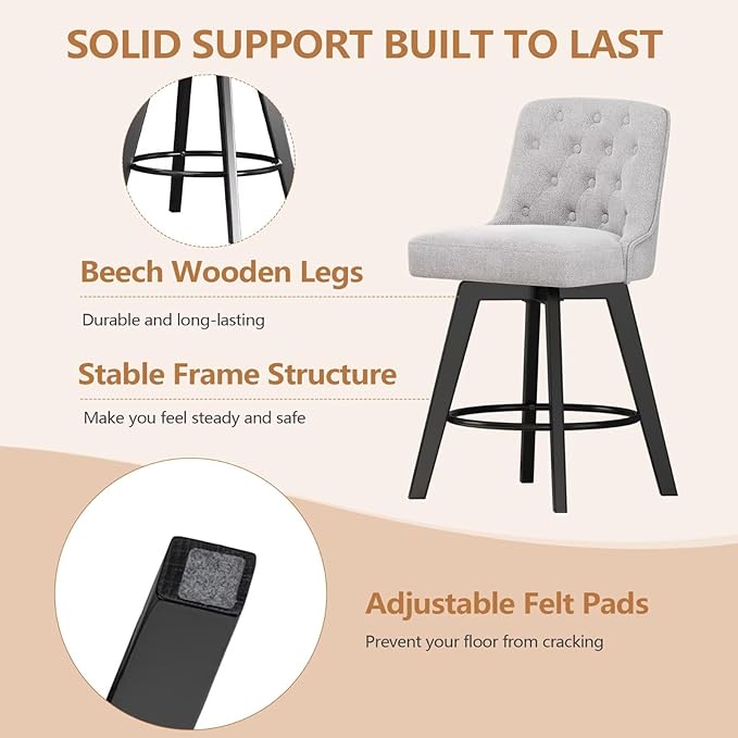 MINCETA Bar Stools Set of 2, 26 Inch Upholstered Barstools with Low Tufted Back and Footrest, Swivel Counter Height Barstools for Kitchen Island Home Bar Performance Fabric Greige
