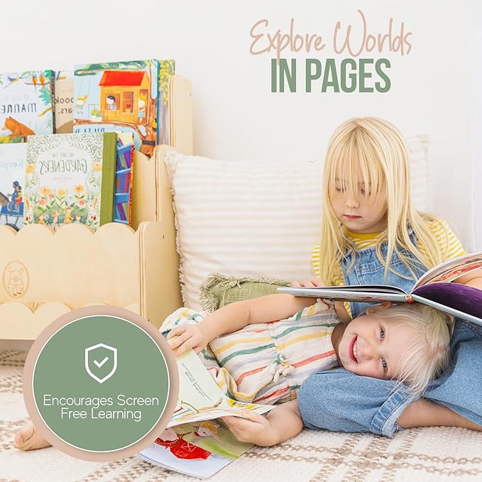 Wooden Kids Bookshelf w/Scalloped Edges- Made in USA- Perfect Height 3-Tier Montessori Shelf- Durable Childrens Bookcase for Kids Room or Playroom- Baby Book Shelf Nursery