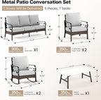 6 Piece Metal Outdoor Patio Furniture Set, Patio Conversation Set with 1 3-Seater and 2 Fixed Sofas, 2 Rocking Sofas with 5.75" Cushion & Coffee Table, Black and Light Gray