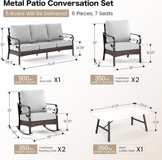 6 Piece Metal Outdoor Patio Furniture Set, Patio Conversation Set with 1 3-Seater and 2 Fixed Sofas, 2 Rocking Sofas with 5.75" Cushion & Coffee Table, Black and Light Gray