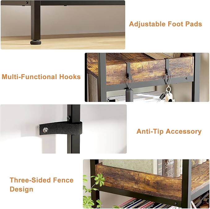 KOUSEI Bookshelf 5-Tier, L-Shaped Reversible Corner Bookshelf, 65" Industrial Wide Open Bookcase with Metal Frame and 4 Hooks for Living Room, Bedroom, Home Office, Rustic Brown