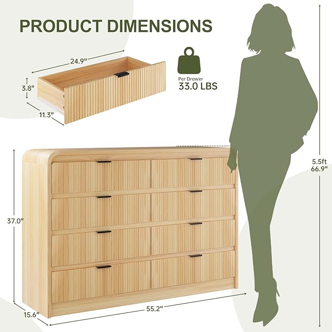 FURSUN Fluted 8 Drawers Dresser for Bedroom, 55" Wide Wooden Dresser with Metal Handle, Curved Profile Design, Modern Storage Organizer for Bedroom, Hallway, Natural Oak