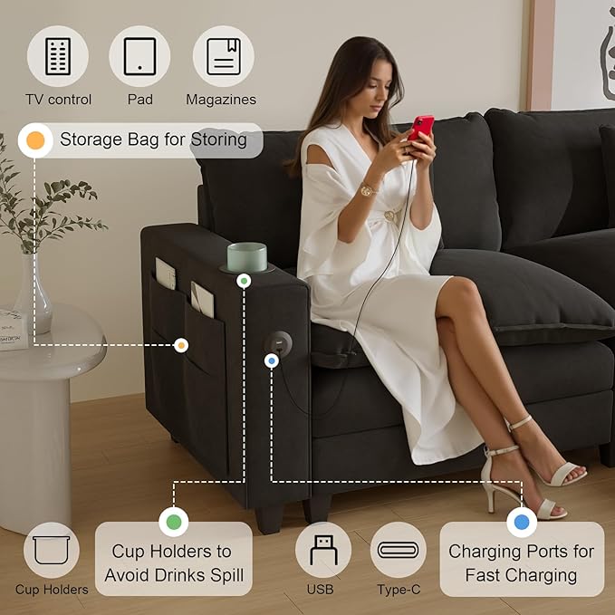 Cloud Couch, Modular Sectional Sofa with Ottoman, Charging Station, Throw Pillows, Cup Holders, Modern Convertible L Shaped Couches for Living Room, Bedroom (Classic Black, 152"- L Shape)