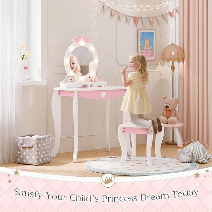 MU Kids Vanity Set with Lighted Mirror and Stool, Kids Make Up Vanity Desk with Storage Space, Wing Pattern for Little Girls, Toddler Princess Makeup Dressing Table with Chair Set, White