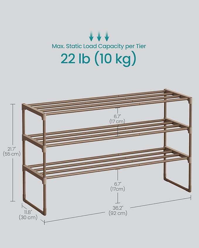 SONGMICS Shoe Rack, 3-Tier Shoe Organizer, Metal Storage Shelf, Upright or Upside Down, for 16-20 Pairs, Stackable, for Entryway, 11.8 x 36.2 x 21.7 Inches, Walnut Brown ULSA303K01