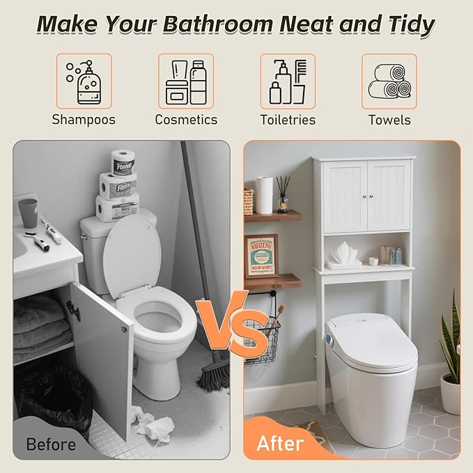 Over The Toilet Storage Cabinet, Behind Toilet Bathroom Organizer with Adjustable Shelves, Wooden Above Toilet Storage Shelf, Space Saver for Restroom, Bathroom, Laundry