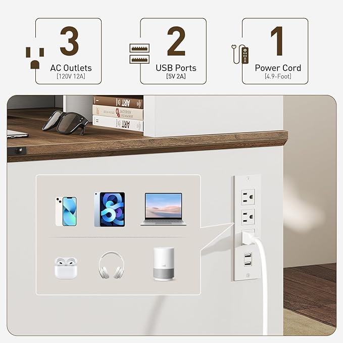 55'' Farmhouse Executive Desk with Drawers, Computer Desk with File Cabinet and Side Bookshelf, Writing Gaming Desk with Monitor Stand & Charging Station, White and Walnut