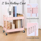 2 Tier Rolling Cart Metal with Wheels Under Desk Storage Cart for Small Space Organization, Small Trolley for Pantry Room Laundry Bathroom Kitchen Office Art Snack Baby Supplies, Pink