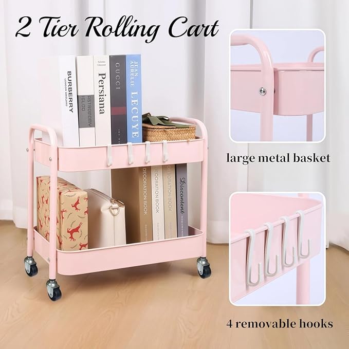 2 Tier Rolling Cart Metal with Wheels Under Desk Storage Cart for Small Space Organization, Small Trolley for Pantry Room Laundry Bathroom Kitchen Office Art Snack Baby Supplies, Pink