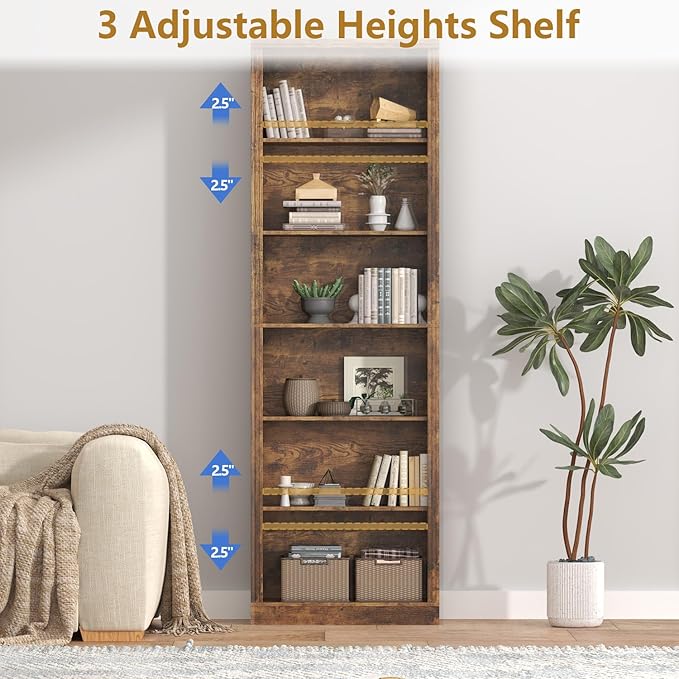 75" Tall Bookshelf & Bookcase, 6-Tier Adjustable Storage Shelves, Book Shelf with Anti-Tipping Device, Floor Standing Modern Display Rack for Living Room, Bedroom, Office, Brown