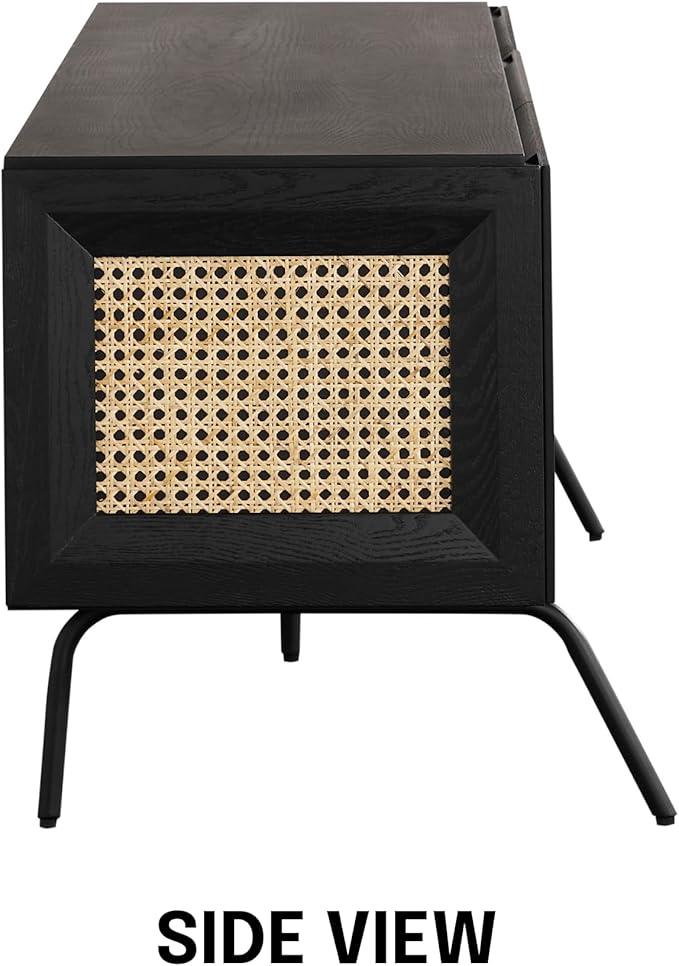 NTC Mossic TV Media Cabinet with 3 Doors for TVs, Entertainment Center with Natural Rattan, Metal Legs, Modern Storage Console for Living Room and Bedroom, Effortless Assembly, Burnt Black