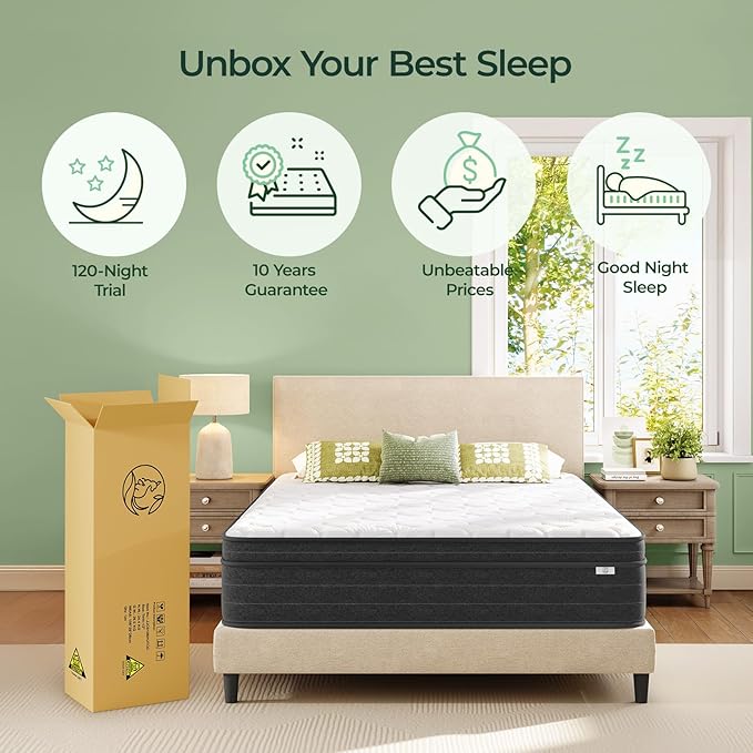 koorlian Queen Mattress 10 Inch - Cooling Hybrid Mattress in a Box for Back Pain Relief - Pocket Spring & Memory Foam | Fiberglass-Free, Medium Firm Feel, CertiPUR-US, 120 Nights Trial