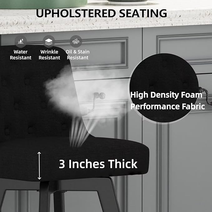 MINCETA Bar Stool, 30 Inch Upholstered Barstool with Low Tufted Back and Footrest, Swivel Counter Height Barstool for Kitchen Island Home Bar Performance Fabric Black