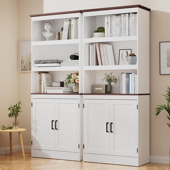 MHOM 71" Tall Bookshelf with Doors, 5 Tiers Farmhouse Bookcase with Adjustable Shelves, Wooden Rustic Display Cabinet for Home Office, Living Room, White