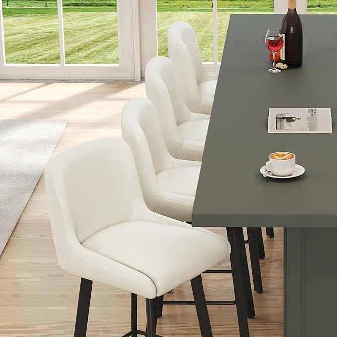 Swivel Bar Stools, 30''H Upholstered Barstools with Backs, Modern Counter Height Bar Stool Chairs for Kitchen Island, Metal Legs (Beige- Faux Leather, Set of 3-30" H)
