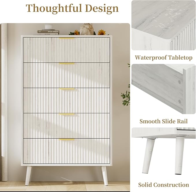 LYNSOM Fluted Dresser and Nightstand Sets 3 Piece, 5-Drawers Dresser and 2-Drawer Nightstands Set of 2, Wood Bedroom Furniture Set for Home, Bedroom, Hallway, White