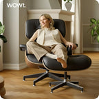 Top Black Grain Leather, Mid Century Chaise Lounge Chair and Ottoman, Modern Chair Classic Design, Walnut Wood, Heavy Duty Base Support for Living Room Office