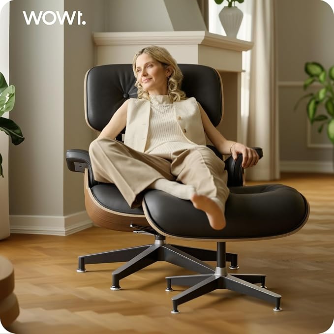 Top Black Grain Leather, Mid Century Chaise Lounge Chair and Ottoman, Modern Chair Classic Design, Walnut Wood, Heavy Duty Base Support for Living Room Office