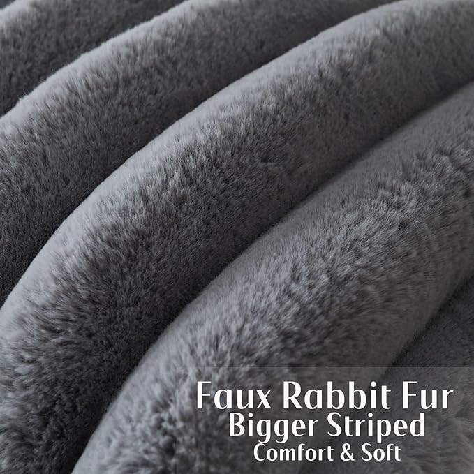 FUTEI Grey Decorative Throw Pillow Covers 26x26 Inch Set of 2, Square Soft Faux Rabbit Fur Thick Striped Euro Pillow Shams,Winter Home Decor for Couch Bed Living Room